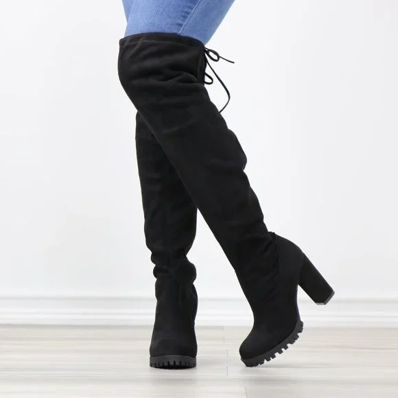Black Thigh High Boots Over The Knee Block Lug High Heel Faux Suede Round Toe - Picture 11 of 13